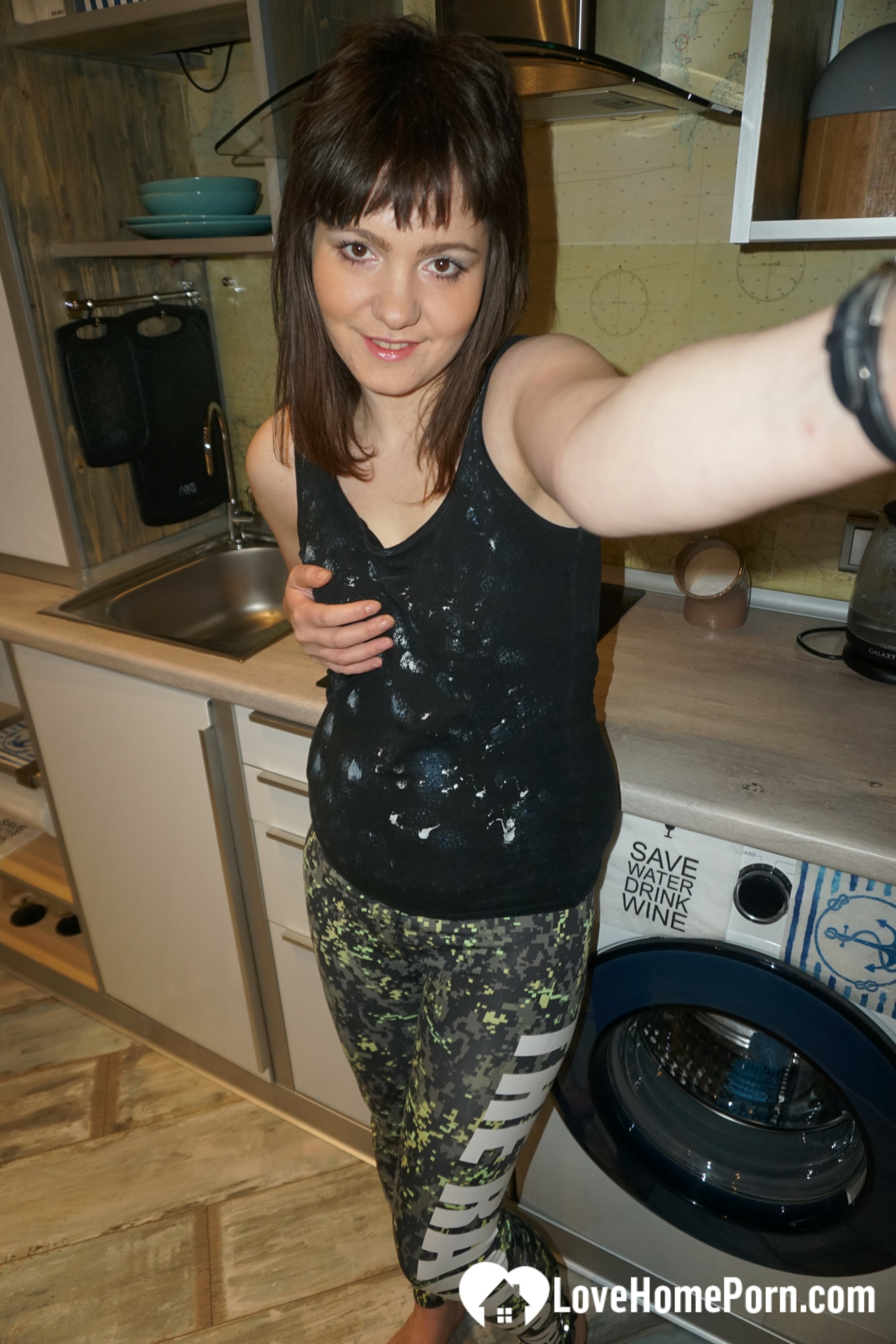 Brunette teen teasing in stockings in the bedroom — 19